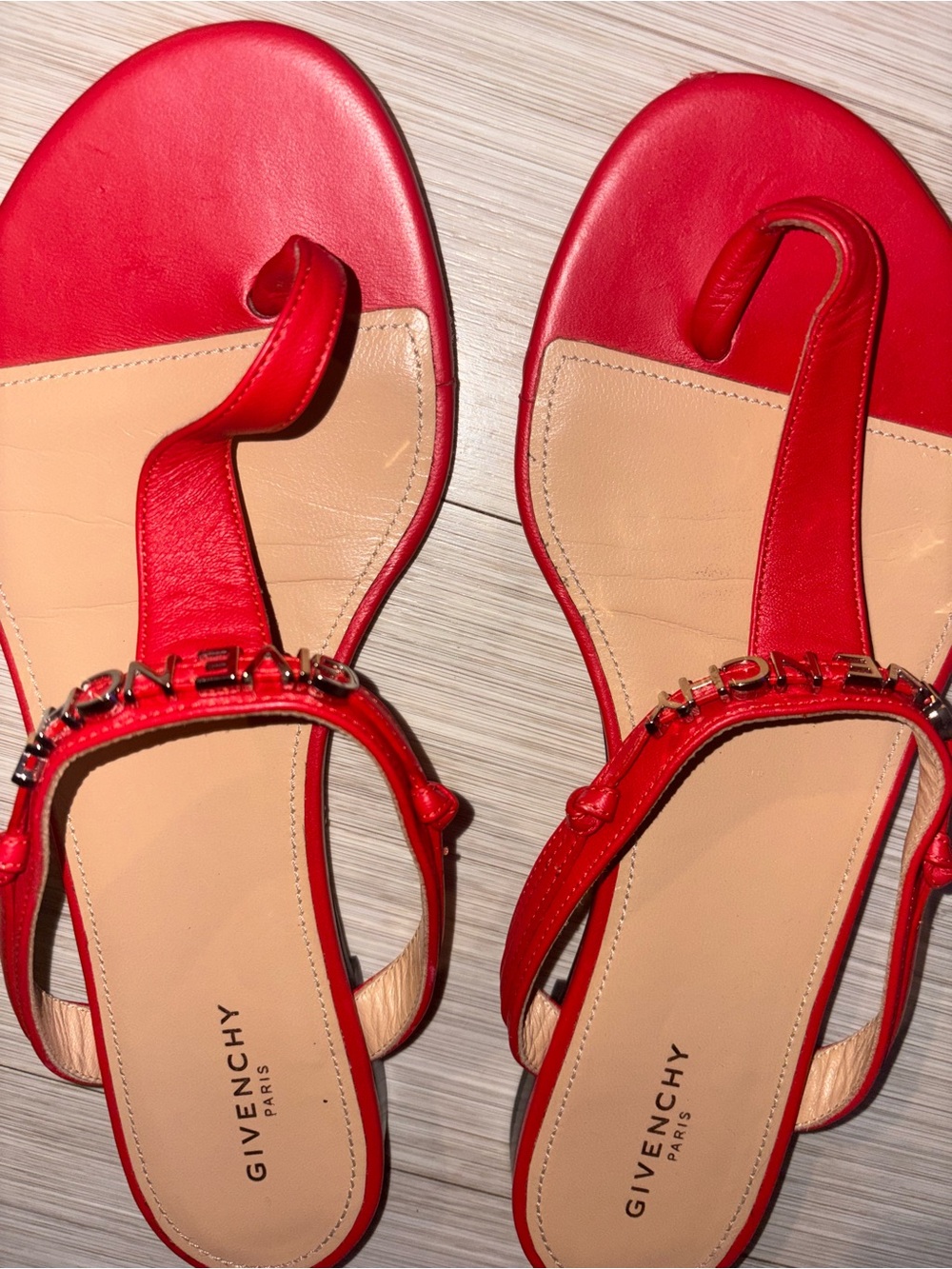 Givenchy Red Leather Toe-Loop Sandals with Gold Logo Accent